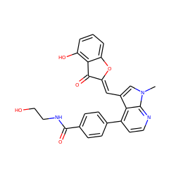 Cn1cc(/C=C2\Oc3cccc(O)c3C2=O)c2c(-c3ccc(C(=O)NCCO)cc3)ccnc21 ZINC000049072078