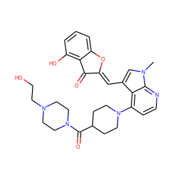 Cn1cc(/C=C2\Oc3cccc(O)c3C2=O)c2c(N3CCC(C(=O)N4CCN(CCO)CC4)CC3)ccnc21 ZINC000049071845