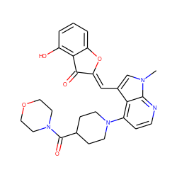 Cn1cc(/C=C2\Oc3cccc(O)c3C2=O)c2c(N3CCC(C(=O)N4CCOCC4)CC3)ccnc21 ZINC000049112031