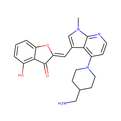 Cn1cc(/C=C2\Oc3cccc(O)c3C2=O)c2c(N3CCC(CN)CC3)ccnc21 ZINC000049111646