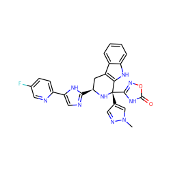 Cn1cc([C@@]2(c3noc(=O)[nH]3)N[C@@H](c3ncc(-c4ccc(F)cn4)[nH]3)Cc3c2[nH]c2ccccc32)cn1 ZINC000473119260