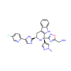 Cn1cc([C@@]2(c3noc(CN)n3)N[C@@H](c3ncc(-c4ccc(F)cn4)[nH]3)Cc3c2[nH]c2ccccc32)cn1 ZINC000473123573