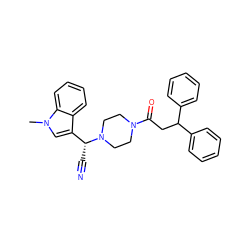 Cn1cc([C@@H](C#N)N2CCN(C(=O)CC(c3ccccc3)c3ccccc3)CC2)c2ccccc21 ZINC000013729176