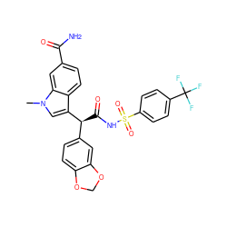 Cn1cc([C@@H](C(=O)NS(=O)(=O)c2ccc(C(F)(F)F)cc2)c2ccc3c(c2)OCO3)c2ccc(C(N)=O)cc21 ZINC000028257267