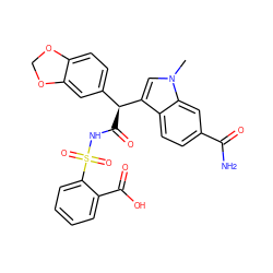 Cn1cc([C@@H](C(=O)NS(=O)(=O)c2ccccc2C(=O)O)c2ccc3c(c2)OCO3)c2ccc(C(N)=O)cc21 ZINC000028257491