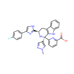 Cn1cc([C@]2(c3cccc(C(=O)O)n3)N[C@@H](c3nc(-c4ccc(F)cc4)c[nH]3)Cc3c2[nH]c2ccccc32)cn1 ZINC000299832182