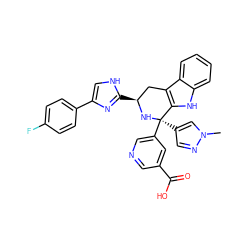 Cn1cc([C@]2(c3cncc(C(=O)O)c3)N[C@@H](c3nc(-c4ccc(F)cc4)c[nH]3)Cc3c2[nH]c2ccccc32)cn1 ZINC000299832772