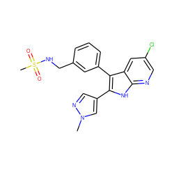 Cn1cc(-c2[nH]c3ncc(Cl)cc3c2-c2cccc(CNS(C)(=O)=O)c2)cn1 ZINC000103273744