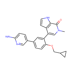 Cn1cc(-c2cc(-c3ccc(N)nc3)ccc2OCC2CC2)c2cc[nH]c2c1=O ZINC000146382629