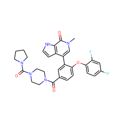 Cn1cc(-c2cc(C(=O)N3CCN(C(=O)N4CCCC4)CC3)ccc2Oc2ccc(F)cc2F)c2cc[nH]c2c1=O ZINC000146414366