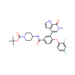 Cn1cc(-c2cc(C(=O)NC3CCN(C(=O)OC(C)(C)C)CC3)ccc2Oc2ccc(F)cc2F)c2cc[nH]c2c1=O ZINC000146762448