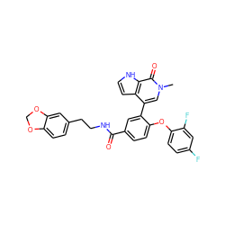 Cn1cc(-c2cc(C(=O)NCCc3ccc4c(c3)OCO4)ccc2Oc2ccc(F)cc2F)c2cc[nH]c2c1=O ZINC000146716465