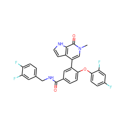 Cn1cc(-c2cc(C(=O)NCc3ccc(F)c(F)c3)ccc2Oc2ccc(F)cc2F)c2cc[nH]c2c1=O ZINC000146776621