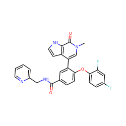 Cn1cc(-c2cc(C(=O)NCc3ccccn3)ccc2Oc2ccc(F)cc2F)c2cc[nH]c2c1=O ZINC000146779031