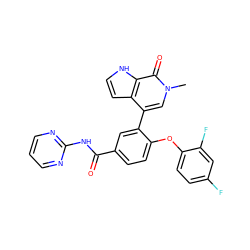 Cn1cc(-c2cc(C(=O)Nc3ncccn3)ccc2Oc2ccc(F)cc2F)c2cc[nH]c2c1=O ZINC000146712400