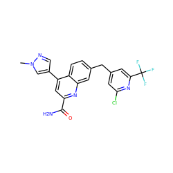 Cn1cc(-c2cc(C(N)=O)nc3cc(Cc4cc(Cl)nc(C(F)(F)F)c4)ccc23)cn1 ZINC000221617760