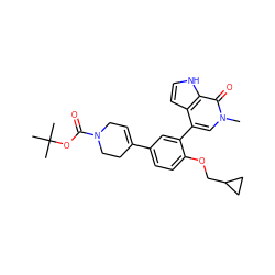 Cn1cc(-c2cc(C3=CCN(C(=O)OC(C)(C)C)CC3)ccc2OCC2CC2)c2cc[nH]c2c1=O ZINC000146789578