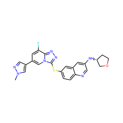 Cn1cc(-c2cc(F)c3nnc(Sc4ccc5ncc(N[C@@H]6CCOC6)cc5c4)n3c2)cn1 ZINC000144135001