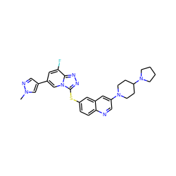 Cn1cc(-c2cc(F)c3nnc(Sc4ccc5ncc(N6CCC(N7CCCC7)CC6)cc5c4)n3c2)cn1 ZINC000204936625