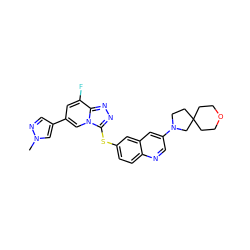 Cn1cc(-c2cc(F)c3nnc(Sc4ccc5ncc(N6CCC7(CCOCC7)C6)cc5c4)n3c2)cn1 ZINC000204983400