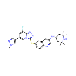 Cn1cc(-c2cc(F)c3nnc(Sc4ccc5ncc(NC6CC(C)(C)NC(C)(C)C6)cc5c4)n3c2)cn1 ZINC000218831493