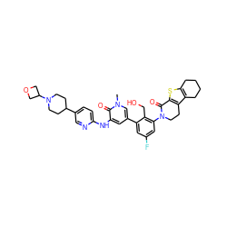 Cn1cc(-c2cc(F)cc(N3CCc4c(sc5c4CCCC5)C3=O)c2CO)cc(Nc2ccc(C3CCN(C4COC4)CC3)cn2)c1=O ZINC000164266349