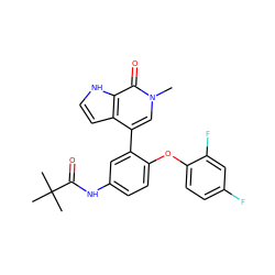 Cn1cc(-c2cc(NC(=O)C(C)(C)C)ccc2Oc2ccc(F)cc2F)c2cc[nH]c2c1=O ZINC000146659754