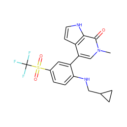 Cn1cc(-c2cc(S(=O)(=O)C(F)(F)F)ccc2NCC2CC2)c2cc[nH]c2c1=O ZINC000146395676