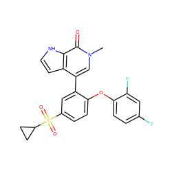 Cn1cc(-c2cc(S(=O)(=O)C3CC3)ccc2Oc2ccc(F)cc2F)c2cc[nH]c2c1=O ZINC000146372913