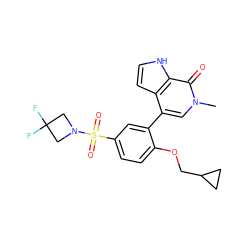 Cn1cc(-c2cc(S(=O)(=O)N3CC(F)(F)C3)ccc2OCC2CC2)c2cc[nH]c2c1=O ZINC000146741590