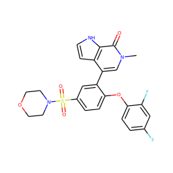 Cn1cc(-c2cc(S(=O)(=O)N3CCOCC3)ccc2Oc2ccc(F)cc2F)c2cc[nH]c2c1=O ZINC000146382928