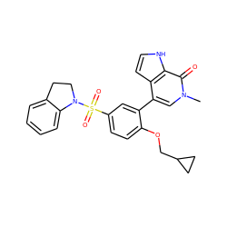 Cn1cc(-c2cc(S(=O)(=O)N3CCc4ccccc43)ccc2OCC2CC2)c2cc[nH]c2c1=O ZINC000146656958