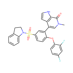 Cn1cc(-c2cc(S(=O)(=O)N3CCc4ccccc43)ccc2Oc2ccc(F)cc2F)c2cc[nH]c2c1=O ZINC000146762019