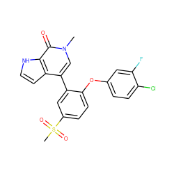 Cn1cc(-c2cc(S(C)(=O)=O)ccc2Oc2ccc(Cl)c(F)c2)c2cc[nH]c2c1=O ZINC000146481983