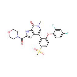 Cn1cc(-c2cc(S(C)(=O)=O)ccc2Oc2ccc(F)cc2F)c2cc(C(=O)N3CCOCC3)[nH]c2c1=O ZINC000146407812