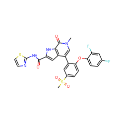 Cn1cc(-c2cc(S(C)(=O)=O)ccc2Oc2ccc(F)cc2F)c2cc(C(=O)Nc3nccs3)[nH]c2c1=O ZINC000146730663