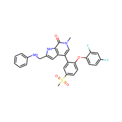 Cn1cc(-c2cc(S(C)(=O)=O)ccc2Oc2ccc(F)cc2F)c2cc(CNc3ccccc3)[nH]c2c1=O ZINC000146324629