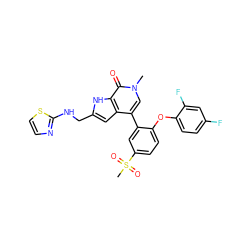 Cn1cc(-c2cc(S(C)(=O)=O)ccc2Oc2ccc(F)cc2F)c2cc(CNc3nccs3)[nH]c2c1=O ZINC000145379557