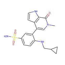 Cn1cc(-c2cc(S(N)(=O)=O)ccc2NCC2CC2)c2cc[nH]c2c1=O ZINC000146711792