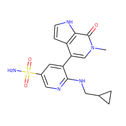 Cn1cc(-c2cc(S(N)(=O)=O)cnc2NCC2CC2)c2cc[nH]c2c1=O ZINC000146733871