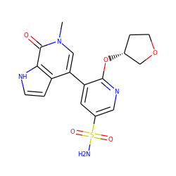 Cn1cc(-c2cc(S(N)(=O)=O)cnc2O[C@@H]2CCOC2)c2cc[nH]c2c1=O ZINC000146767054