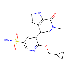 Cn1cc(-c2cc(S(N)(=O)=O)cnc2OCC2CC2)c2cc[nH]c2c1=O ZINC000146666297