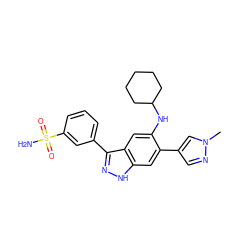 Cn1cc(-c2cc3[nH]nc(-c4cccc(S(N)(=O)=O)c4)c3cc2NC2CCCCC2)cn1 ZINC000096270040