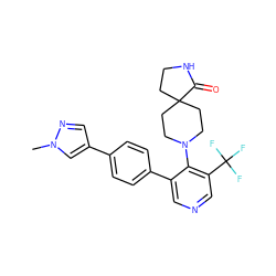 Cn1cc(-c2ccc(-c3cncc(C(F)(F)F)c3N3CCC4(CCNC4=O)CC3)cc2)cn1 ZINC000653843492