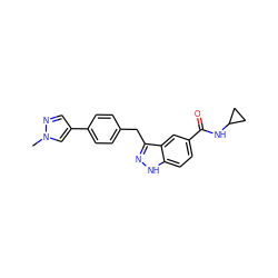 Cn1cc(-c2ccc(Cc3n[nH]c4ccc(C(=O)NC5CC5)cc34)cc2)cn1 ZINC000653737509