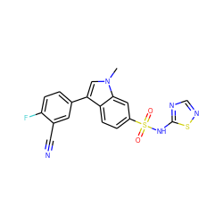 Cn1cc(-c2ccc(F)c(C#N)c2)c2ccc(S(=O)(=O)Nc3ncns3)cc21 ZINC000205419152