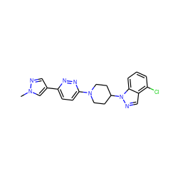 Cn1cc(-c2ccc(N3CCC(n4ncc5c(Cl)cccc54)CC3)nn2)cn1 ZINC000473179097