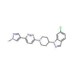 Cn1cc(-c2ccc(N3CCC(n4ncc5ccc(Cl)cc54)CC3)nn2)cn1 ZINC000218759386