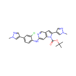 Cn1cc(-c2ccc(Nc3cc4c(cn3)cc(-c3cnn(C)c3)n4C(=O)OC(C)(C)C)c(Cl)c2)cn1 ZINC000103250495