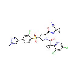 Cn1cc(-c2ccc(S(=O)(=O)[C@@H]3C[C@@H](C(=O)NC4(C#N)CC4)N(C(=O)C4(c5ncc(Cl)cc5Cl)CC4)C3)c(Cl)c2)cn1 ZINC000211024487